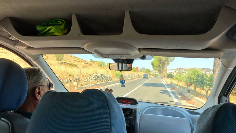 Tijdens de rit met het pendelbusje is de weg met bomen en droog geel gras te zien.